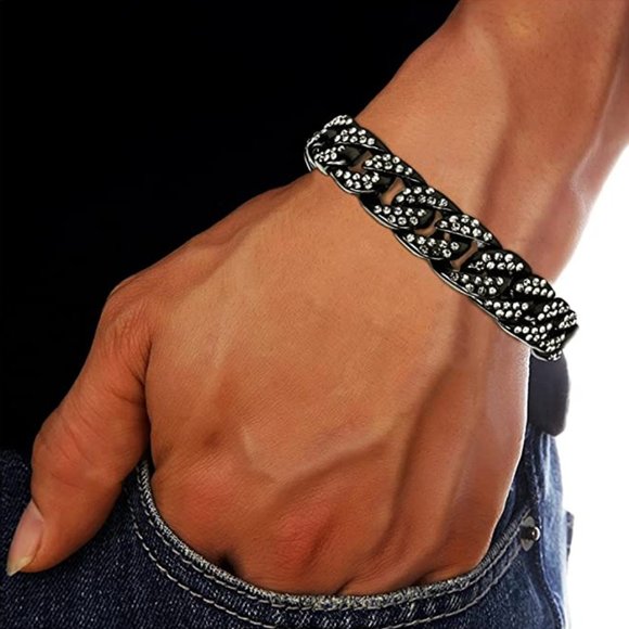 18k Gold Plated Black Cuban Link Bracelet w/ Diamonds - Picture 5 of 5